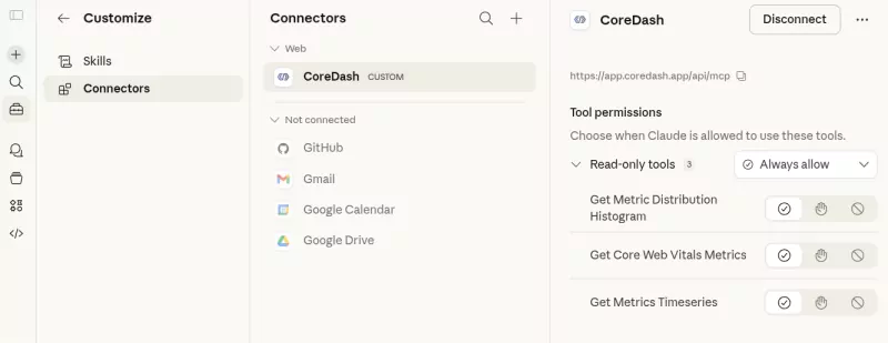 core dash claude custom connector create