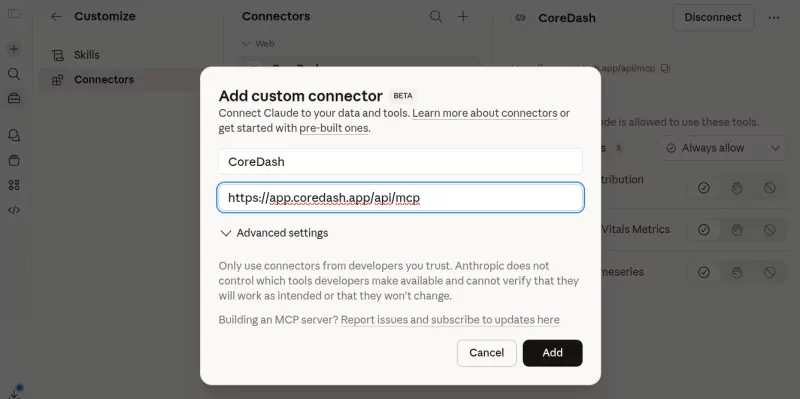 coredash claude site add custom connector