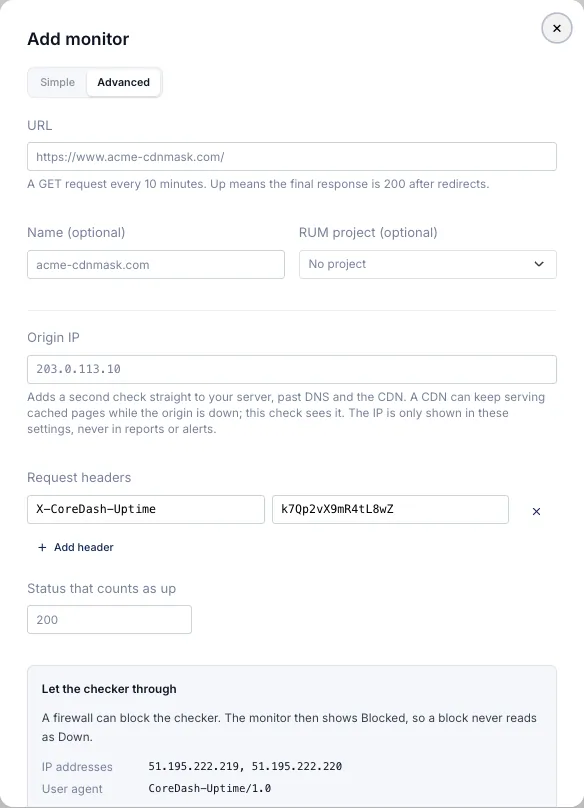 Add monitor, Advanced: URL, origin IP, a request header for the firewall rule and the status that counts as up