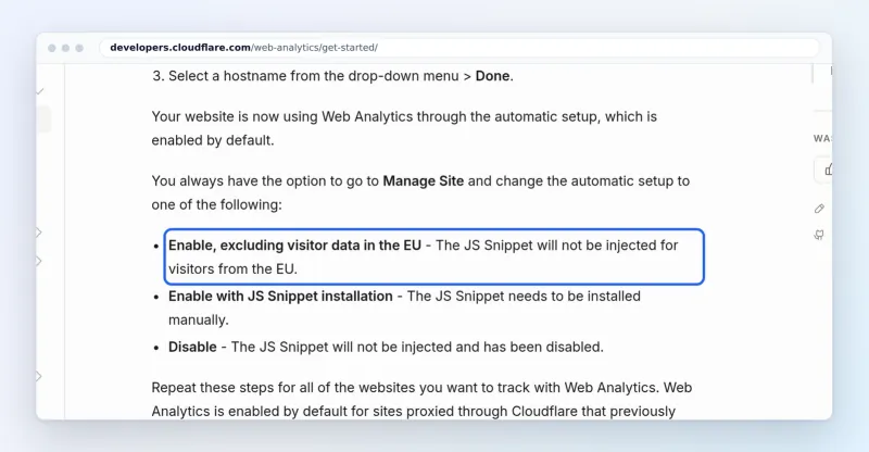 Cloudflare Web Analytics setup docs: the option that excludes visitor data in the EU (marked)