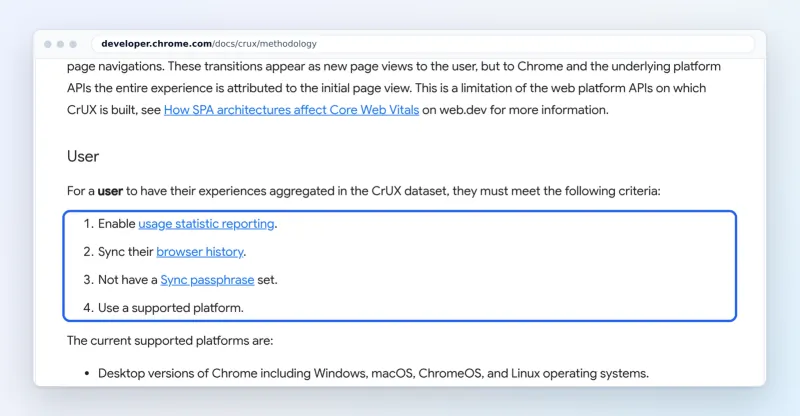 CrUX methodology: the four criteria a Chrome user must meet to be counted (marked)