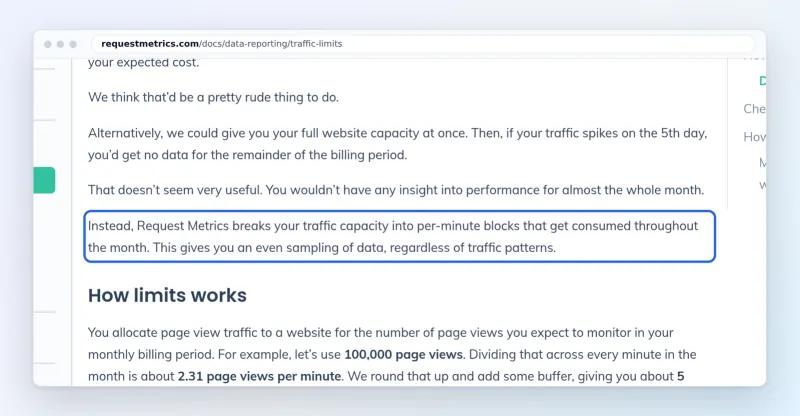 Request Metrics traffic limits docs: capacity split into per-minute blocks (marked)