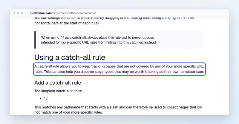 RUMvision URL rules docs: a catch-all rule to track pages not covered by other URL rules (marked)