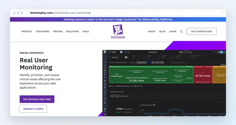 Datadog Real User Monitoring product page, October 2026