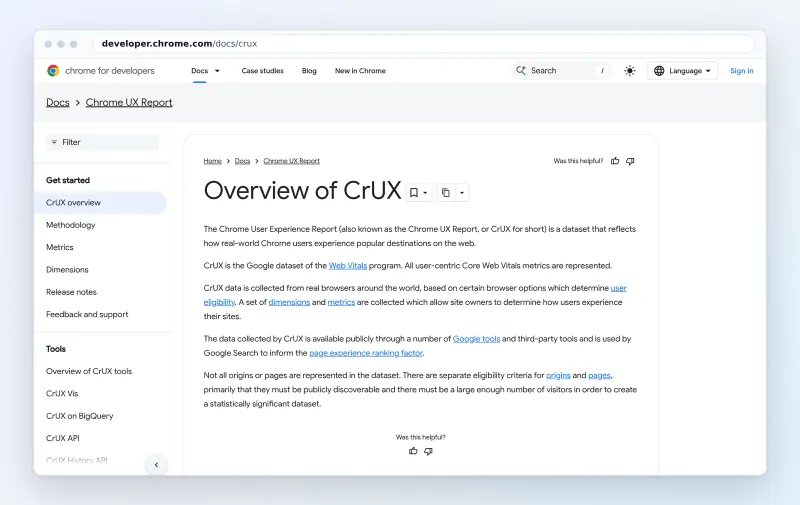 Chrome UX Report overview on developer.chrome.com, October 2026