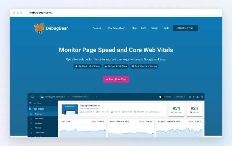 The debugbear.com homepage, October 2026