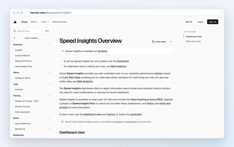 Vercel Speed Insights documentation overview, October 2026