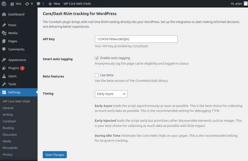 coredas wp plugin settings page