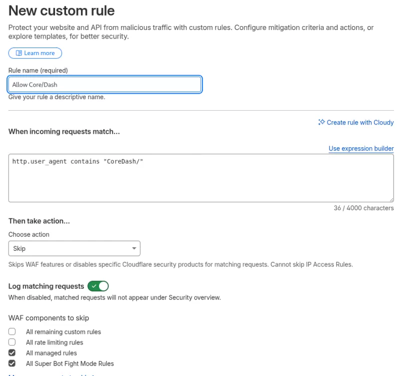 cloudflare allow coredash